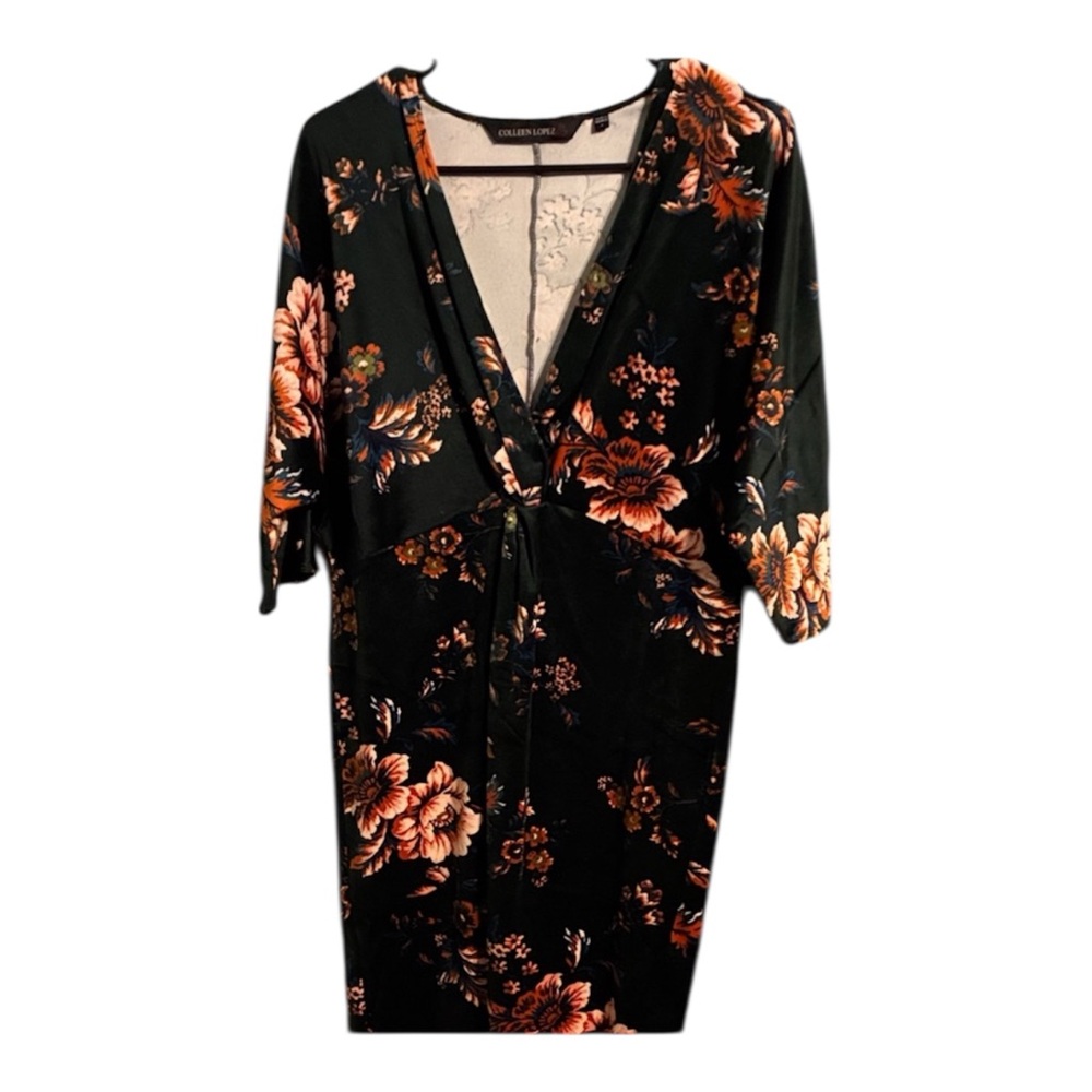 Velvety Floral Dress with Orange and Dark Green Design